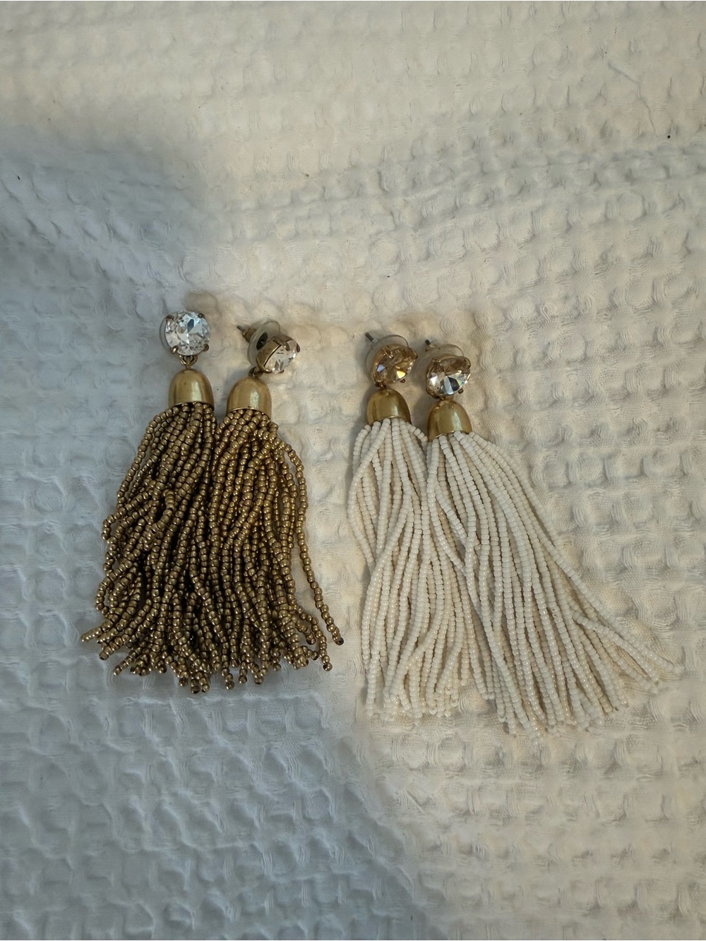 J. Crew Two-Tone Beaded Tassel Earrings in Gold and Ivory